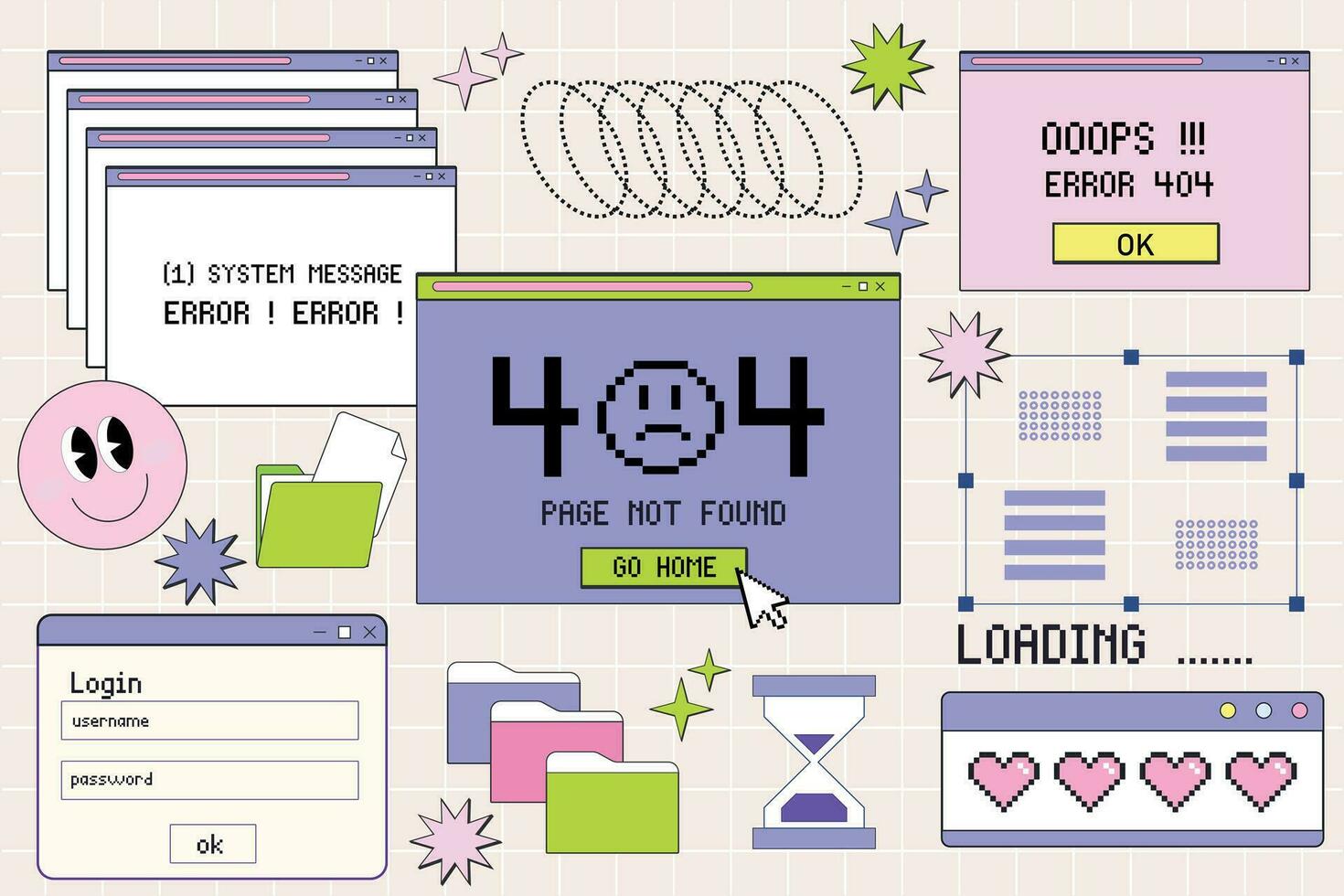 gammal dator browser i 90s vaporwave stil med leende ansikte hipster klistermärken. fönster, social media app mallar. 80s 90s gammal dator ui element och årgång estetisk ikoner. vektor