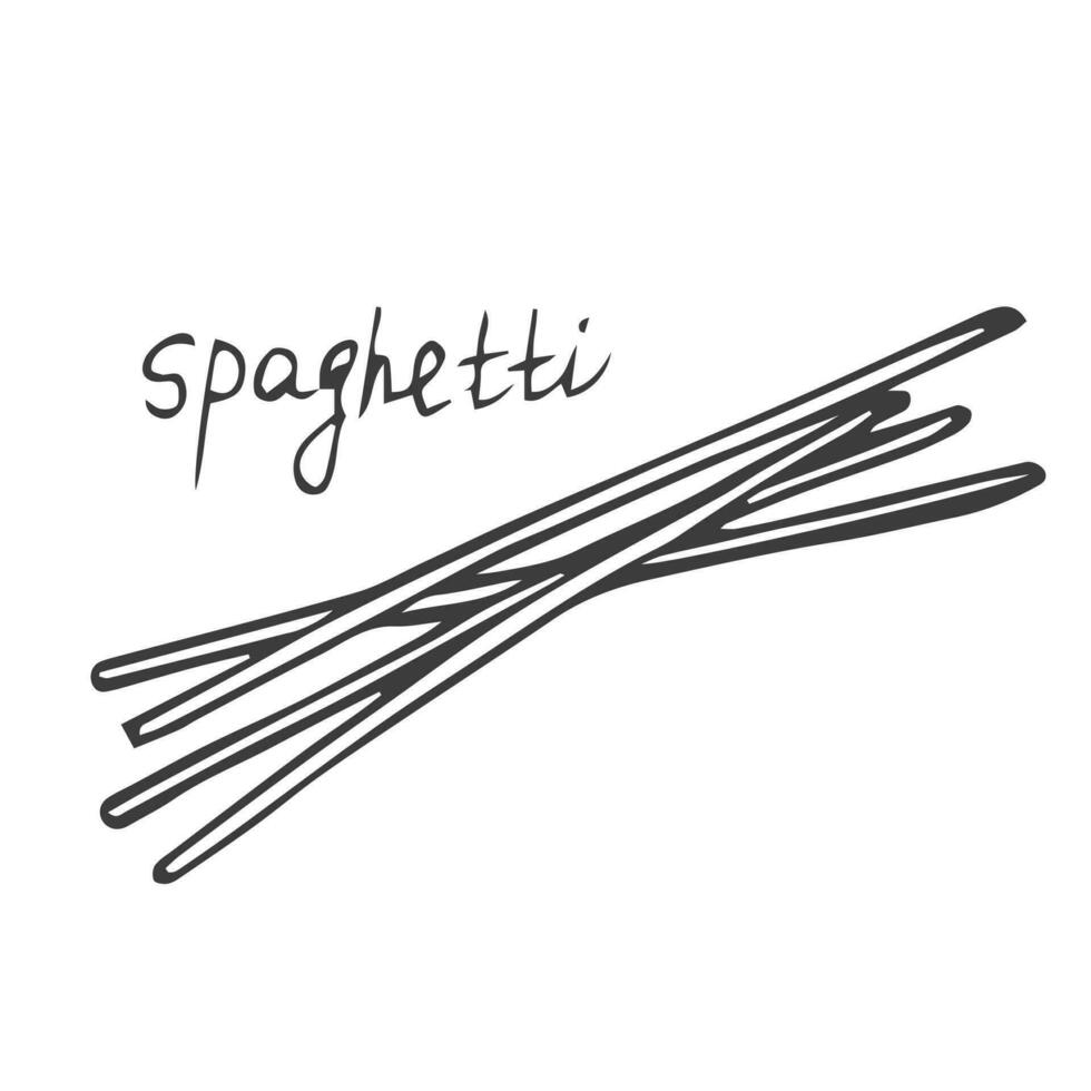 italiensk spaghetti pasta i svart konturer klotter stil, vektor illustration isolerat på vit bakgrund.