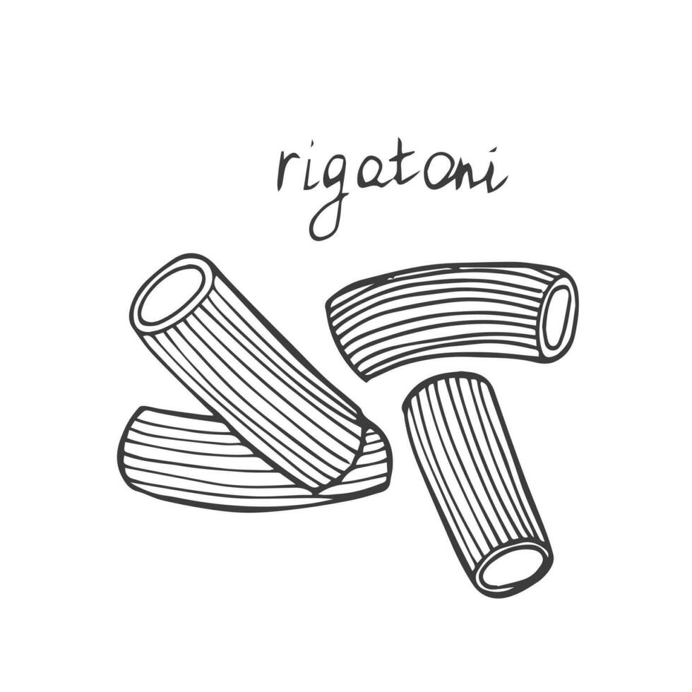 Rigatoni Pasta Illustration. Vektor Gekritzel skizzieren. traditionell Italienisch Lebensmittel. handgemalt Bild zum Gravur oder Färbung Buch. isoliert schwarz Linie Symbol. editierbar Schlaganfall