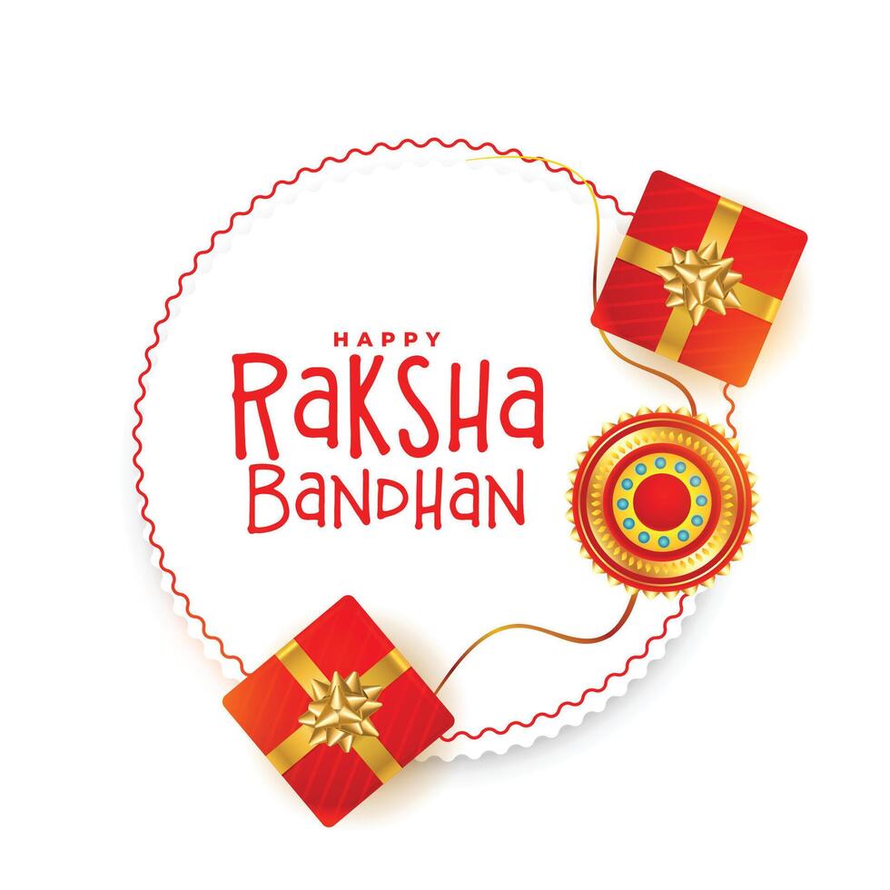 traditionell Raksha Bandhan Karte Design mit Geschenk Kisten und Rakhi vektor