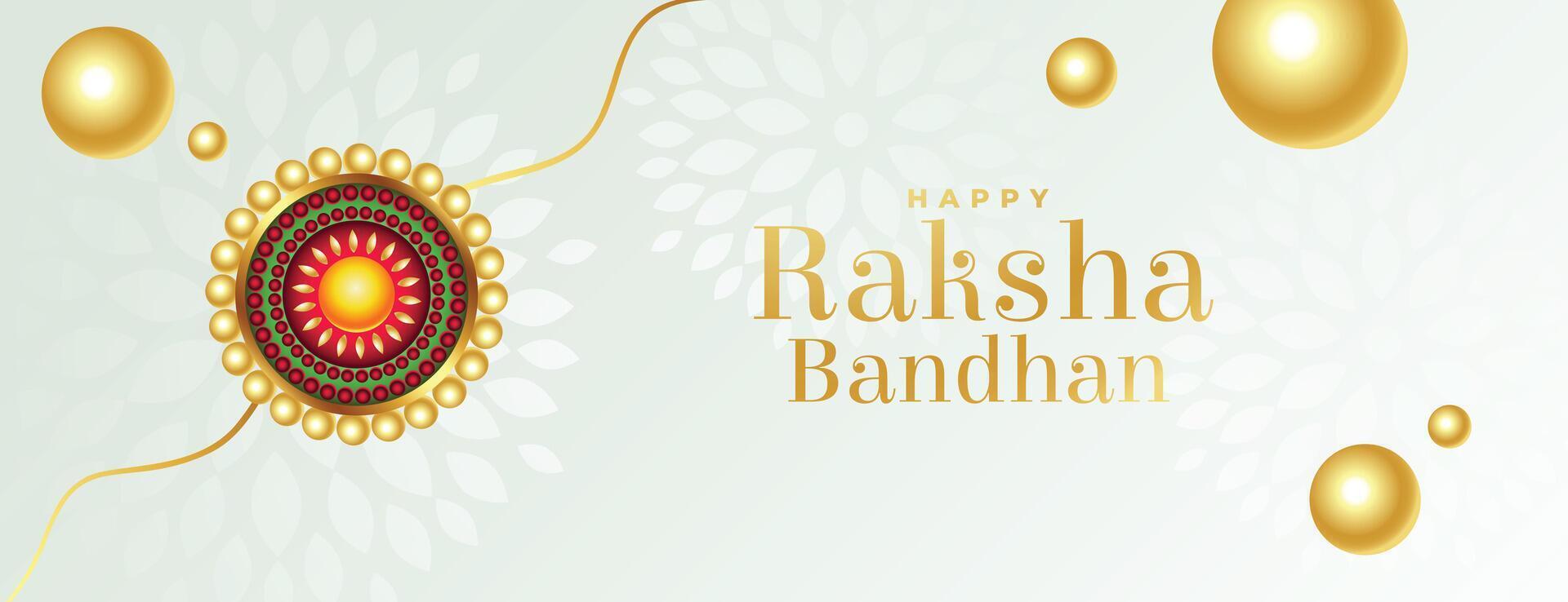 glücklich Raksha Bandhan schön wünscht sich Banner Design im Weiß golden Farben vektor