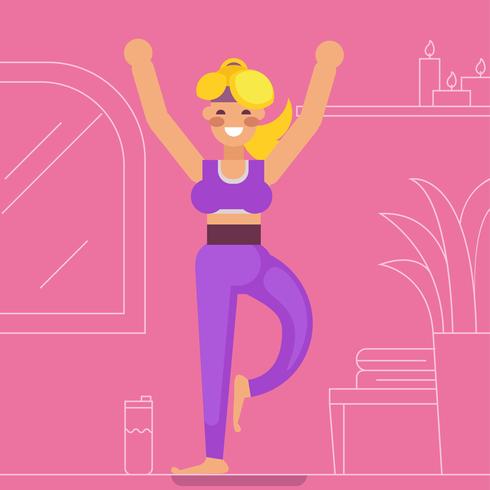 Mädchen, das Übungen in der Yogahalle tut Vektor flache Linie Illustration