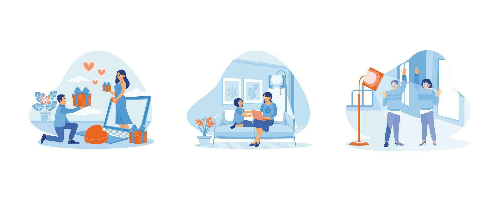 jung Paare feiern Valentinstag online. Mutter und Tochter Sitzung auf das Sofa. jung Paare mit virtuell Brille. einstellen eben Vektor modern Illustration