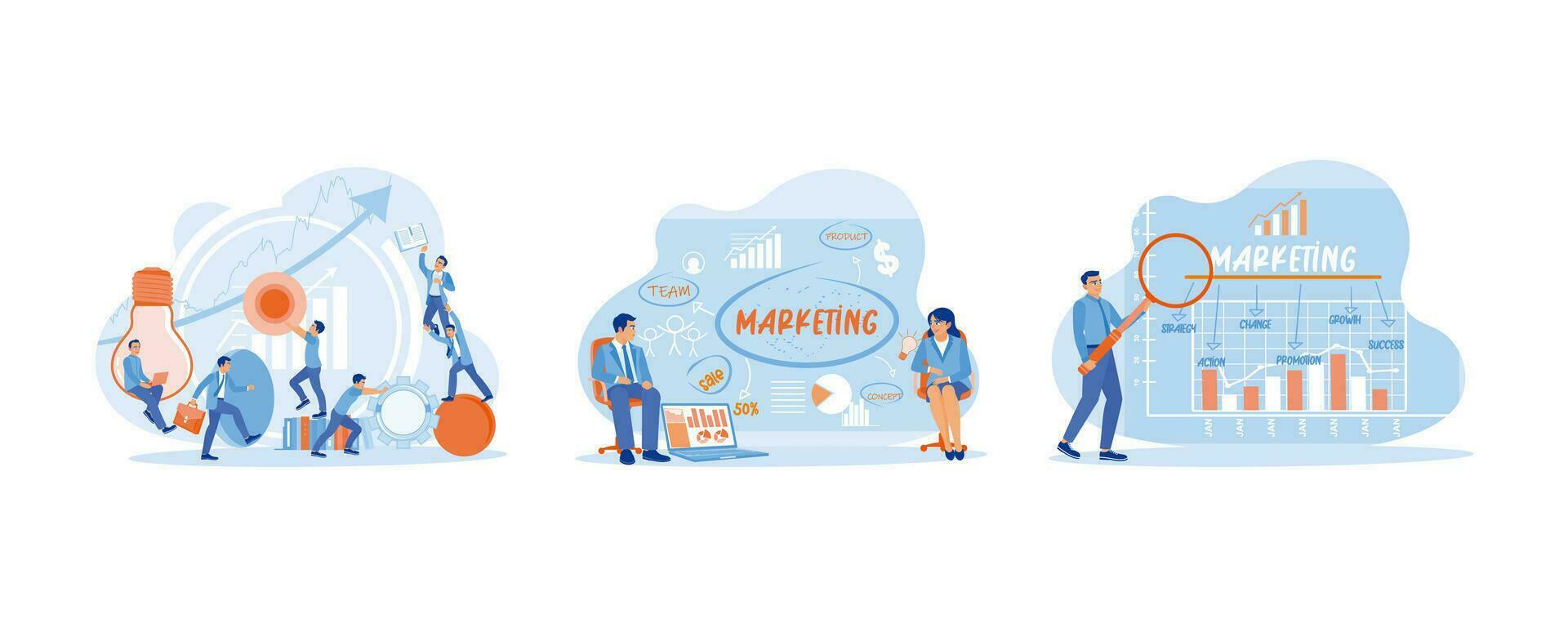 Marketing Konzept. Arbeit auf Verbesserung Marketing Ideen. Marketing Konzept Anzeige. Marketing Konzept mit finanziell Grafiken und Diagramme. einstellen eben Vektor modern Illustration