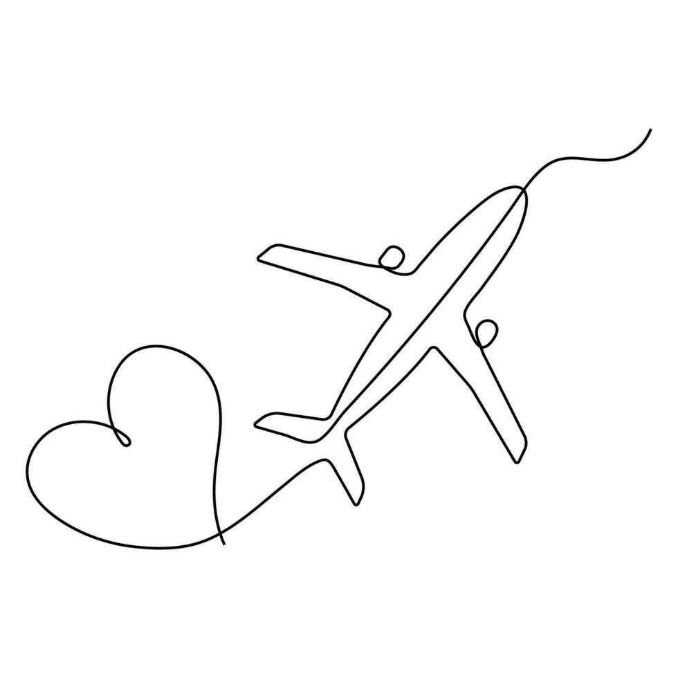 kontinuerlig enda linje teckning kärlek flygplan rutt romantisk semester resa hjärta plan väg, enkel översikt vektor illustration