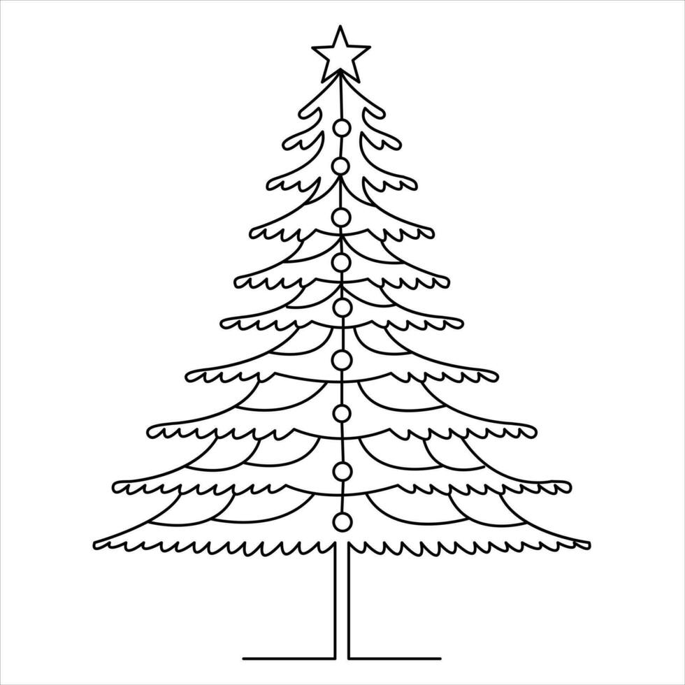 kontinuerlig ett linje söt jul träd och stjärna hand dragen översikt vektor klotter minimalistisk design
