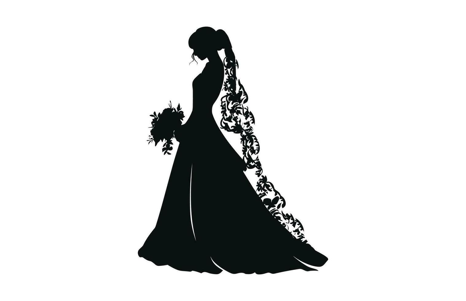 ein Braut mit Strauß schwarz Silhouette Vektor Kunst