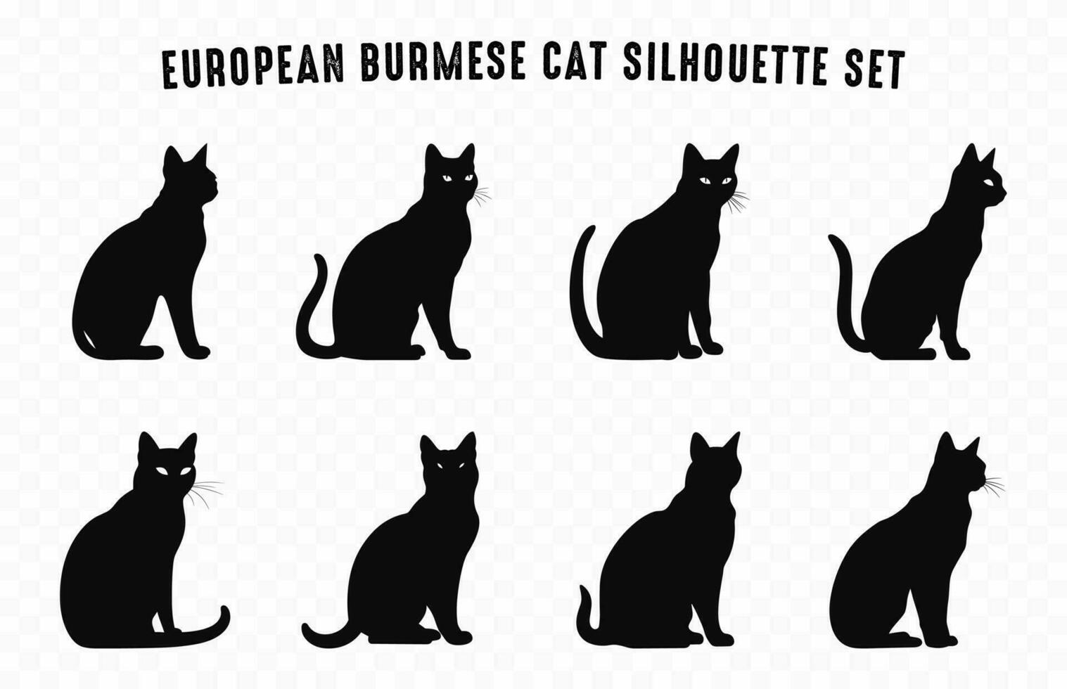 europeisk burmesiska katt silhuetter vektor konst uppsättning, svart katter silhuett ikon samling