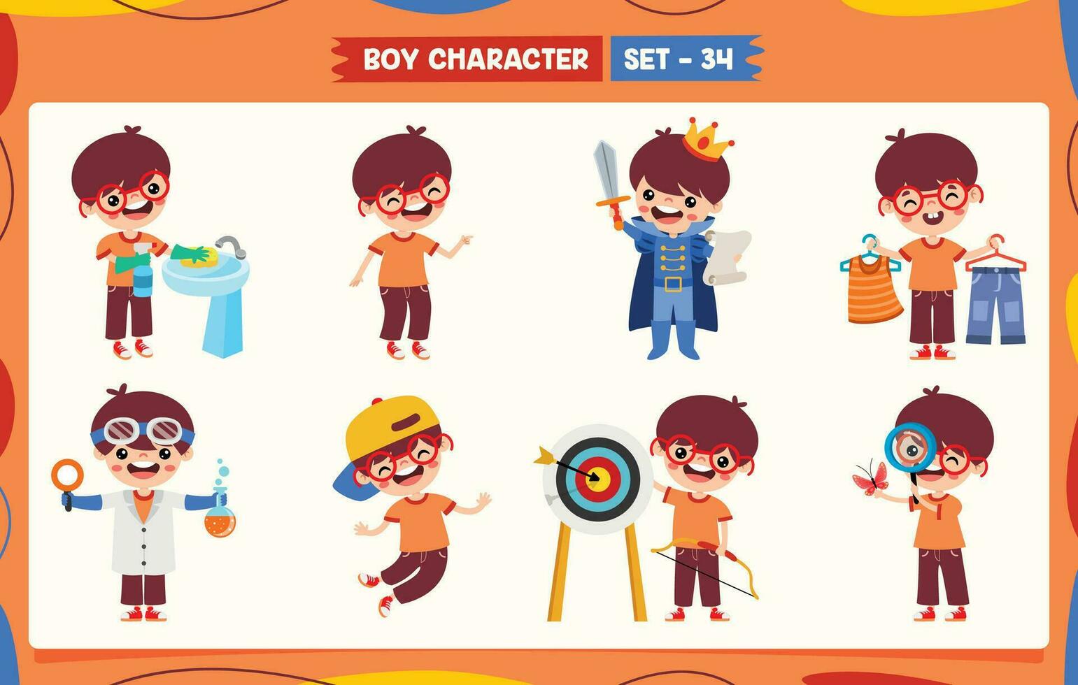 tecknad serie pojke håller på med olika aktiviteter vektor
