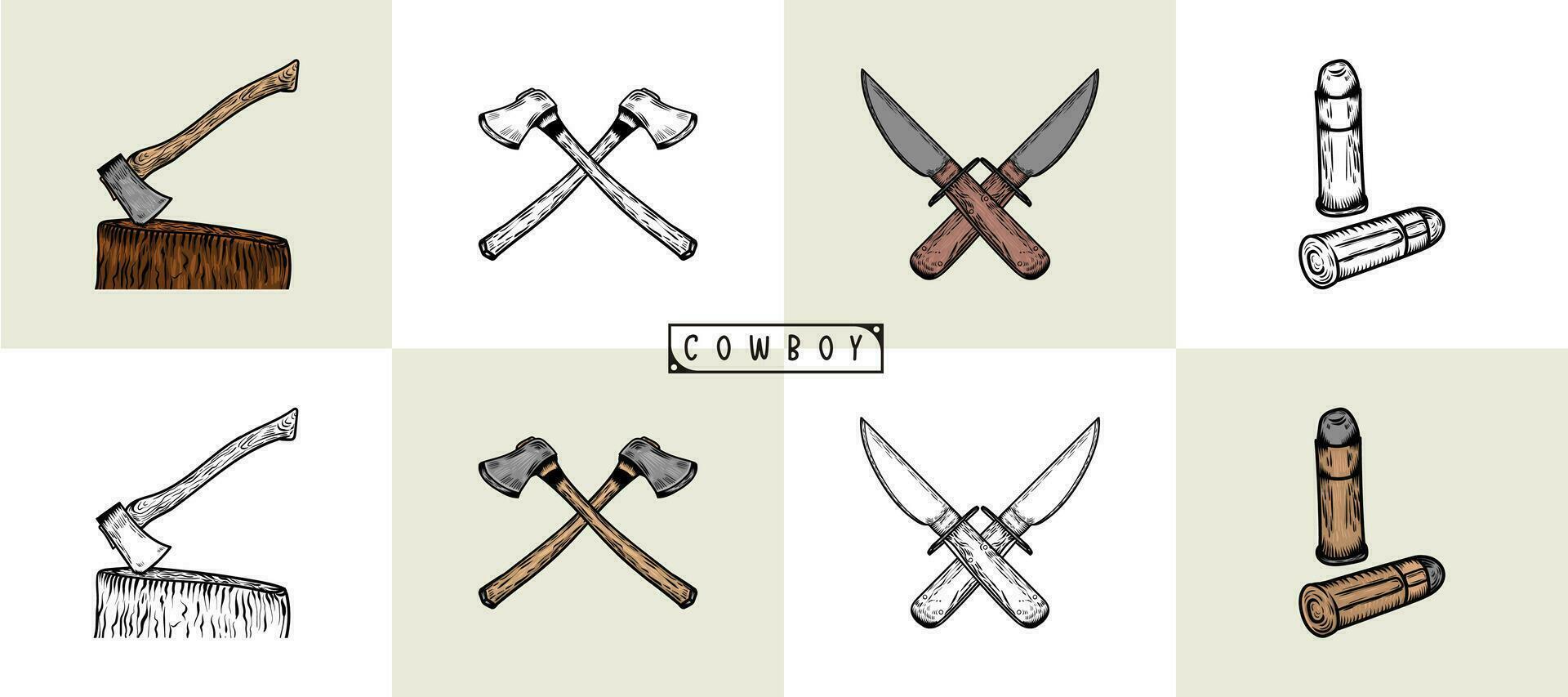 uppsättning av cowboy design element med yxa, kula, och kniv. olika objekt. cowboy tema. ritad för hand färgad vektor uppsättning.