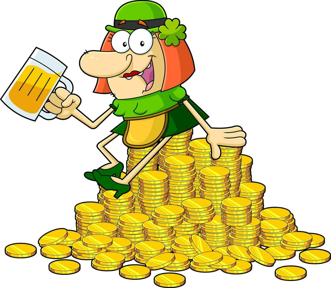 glücklich Kobold Frau Karikatur Charakter mit ein Becher von Bier sitzt auf ein Stapel von Gold Münzen vektor