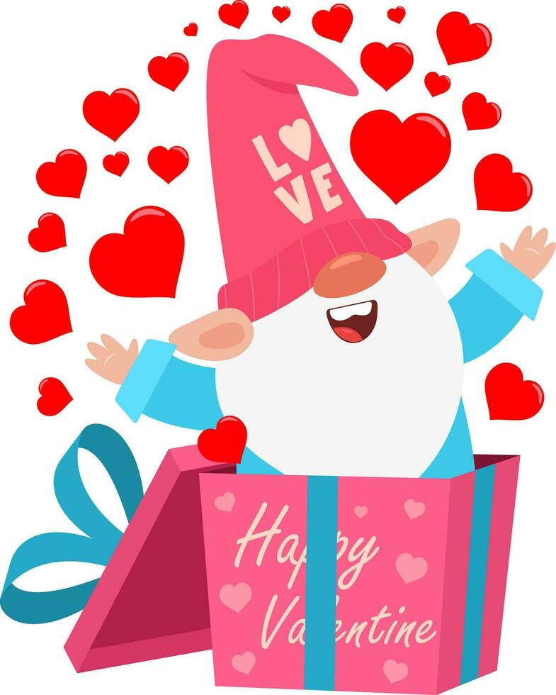 söt valentine gnome tecknad serie karaktär utgång från kärlek gåva låda med hjärtan vektor