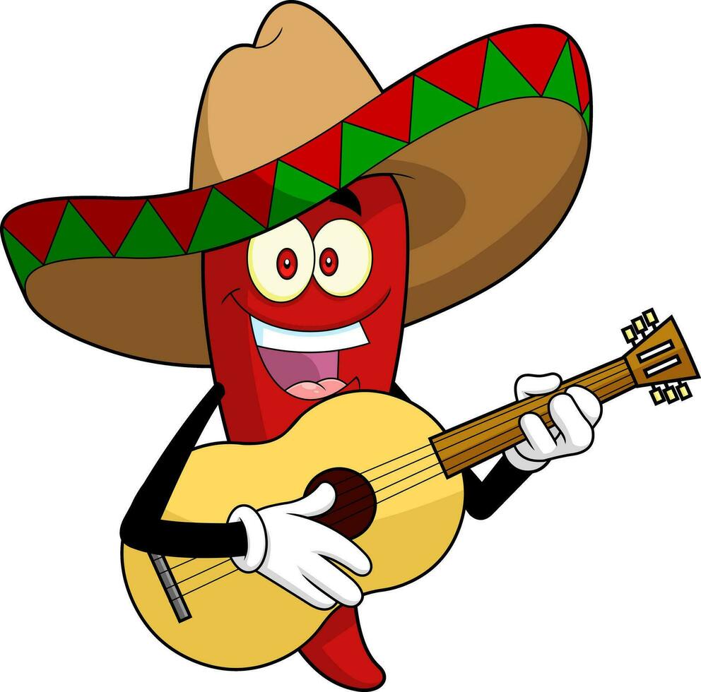 mexikansk varm chili peppar tecknad serie karaktär sång med en gitarr vektor