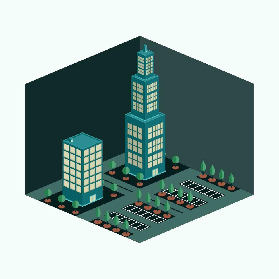 Vektor Illustration - - Geschäft Gebäude und Turm Stadt scape - - isometrisch Karikatur Stil