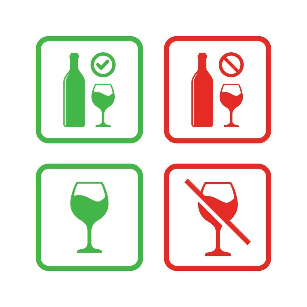 Nein Alkohol Zeichen und Alkohol erlaubt Zeichen Symbol Vektor Illustration. Verbot Zeichen einstellen zum Alkohol. Vektor Illustration