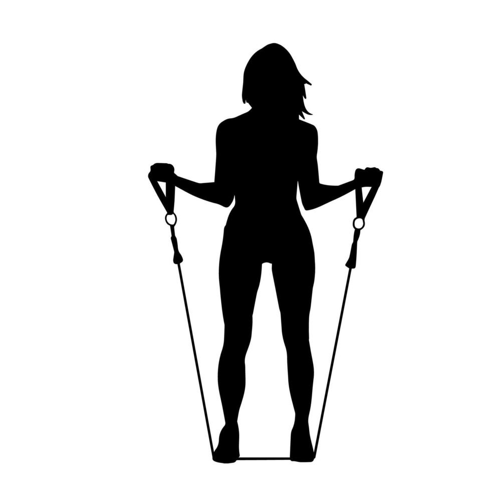 silhuett av en sportig kvinna på Gym träna använder sig av dra rep. kondition övning sladdar dra rep sträcka motstånd Träning. vektor