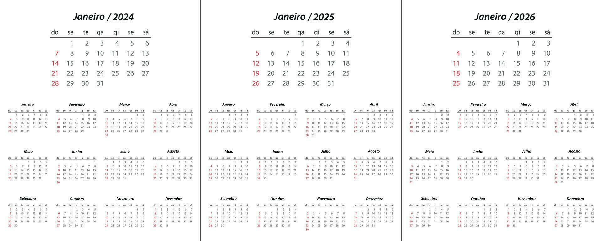 kalender 2024, kalender 2025, kalender 2026 på portugisiska språk vecka Start söndag vektor