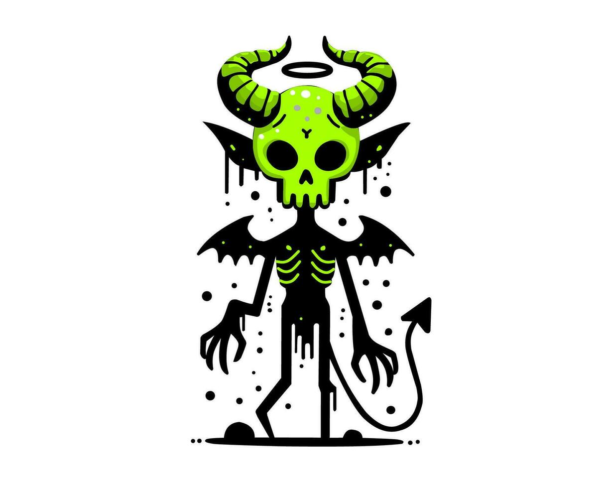 ein Karikatur Dämon mit Hörner und ein Grün Gesicht vektor