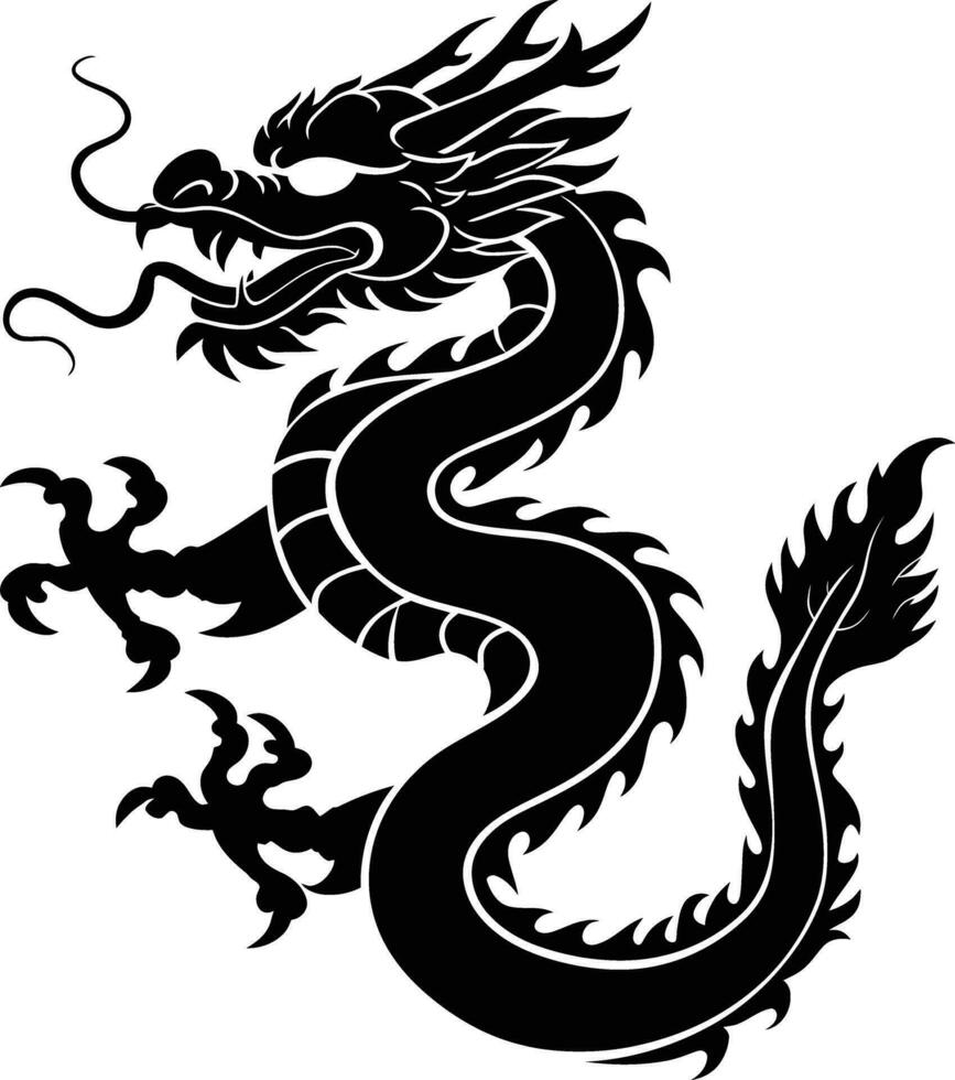 ai genererad silhuett asiatisk drake full kropp svart Färg endast vektor