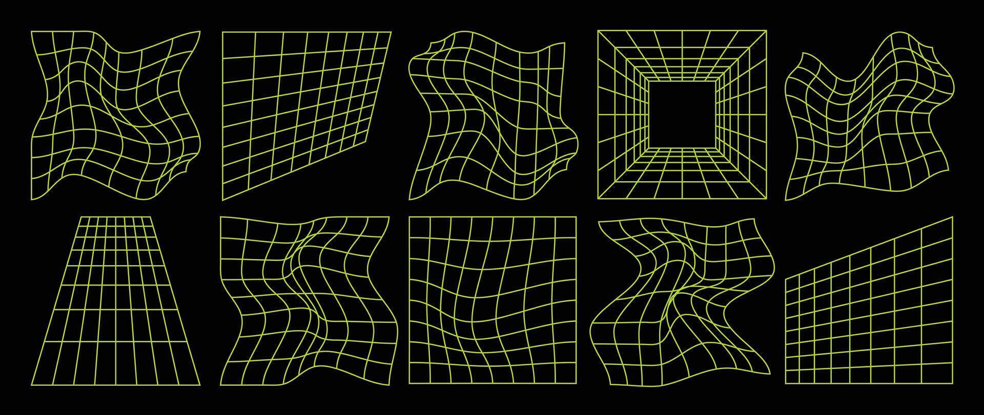 samling av trogen cyberpunk stil element. geometrisk trådmodell av fyrkant, förvrängning, rutnät med neon grön Färg. retro grafisk på svart bakgrund för dekoration, företag, omslag, affisch. vektor