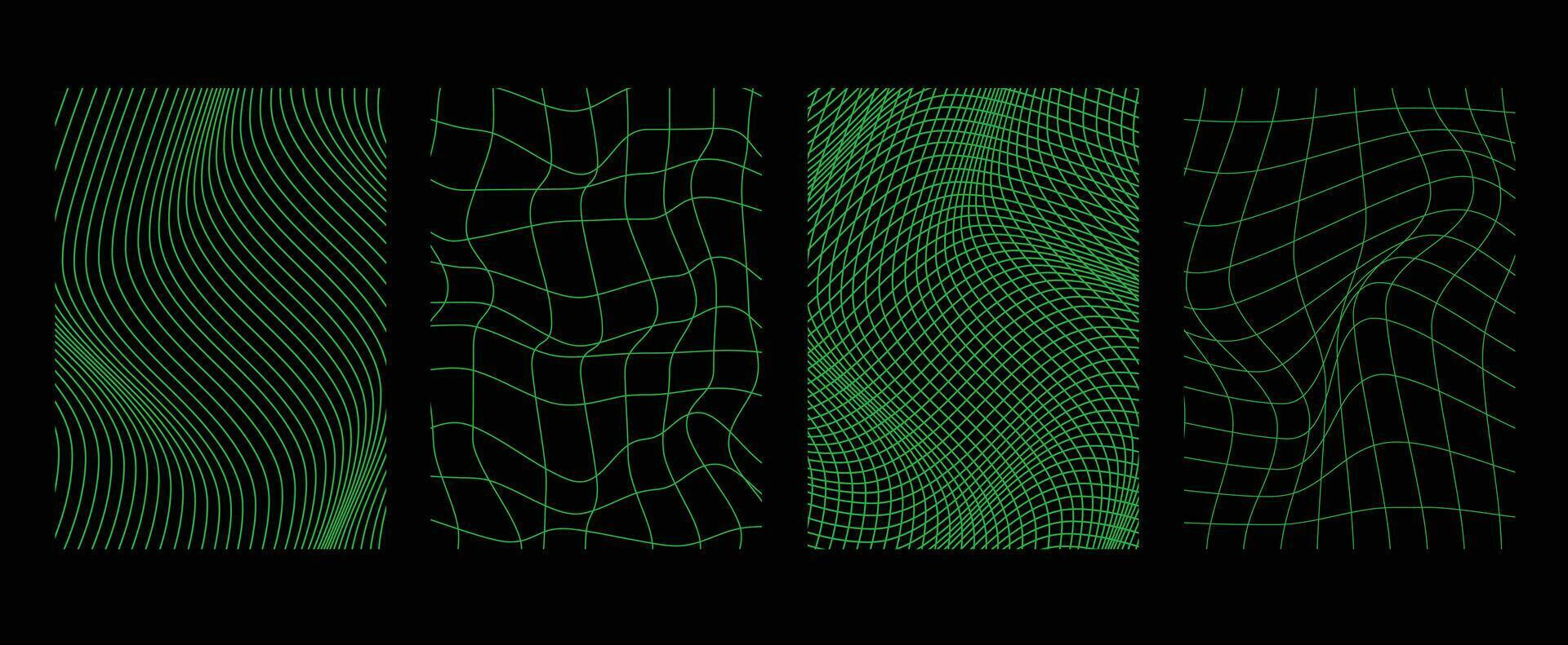 samling av trogen cyberpunk stil element. geometrisk trådmodell av fyrkant, förvrängning, rutnät med neon grön Färg. retro grafisk på svart bakgrund för dekoration, företag, omslag, affisch. vektor