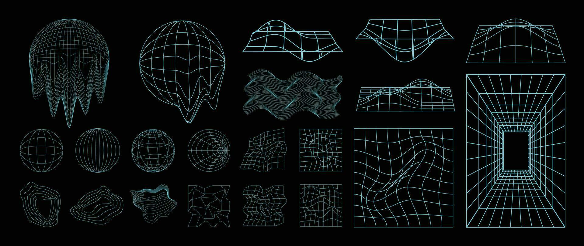 samling av trogen cyberpunk stil element. geometrisk trådmodell av cirkel, jorden, förvrängning, rutnät med ljus blå Färg. retro grafisk på svart bakgrund för dekoration, omslag, affisch. vektor