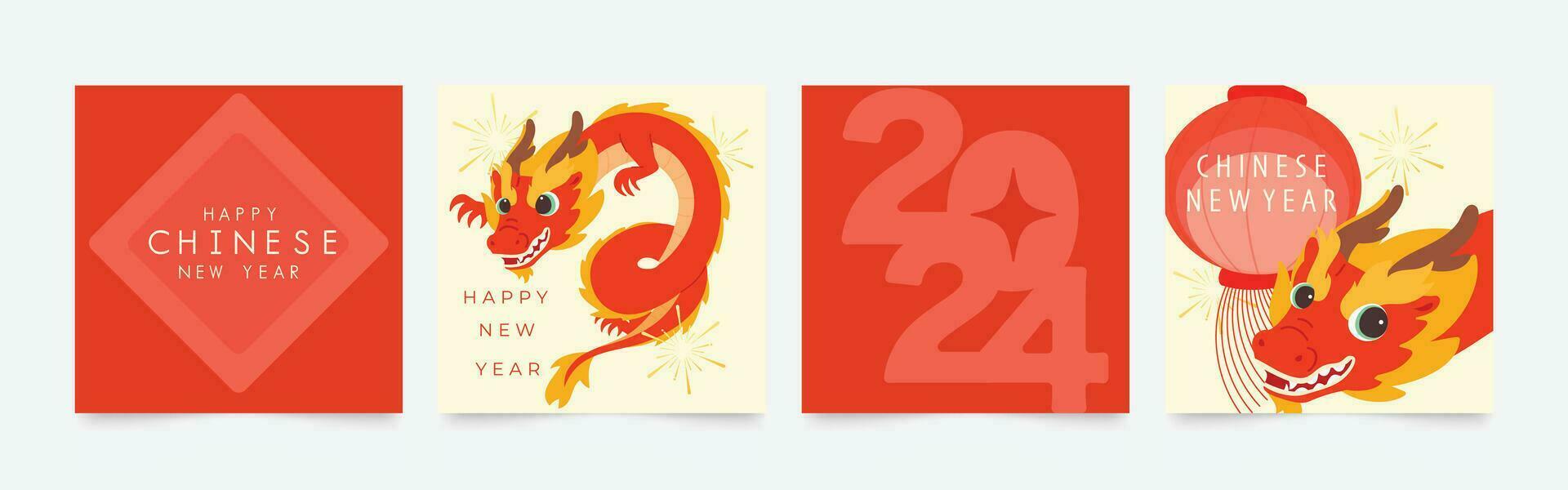 kinesisk ny år fyrkant omslag bakgrund vektor. år av de drake design med drake, lykta, fyrverkeri. modern orientalisk illustration för omslag, baner, hemsida, social media. vektor
