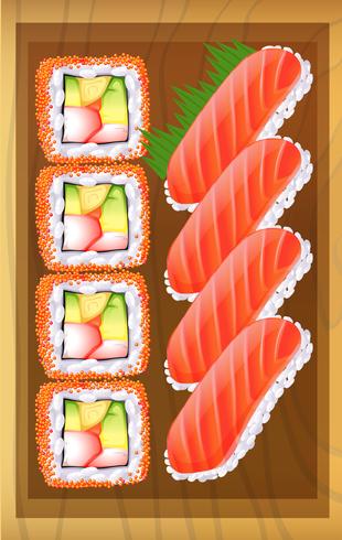 En toppvy av de olika varianterna av sushi vid bordet vektor
