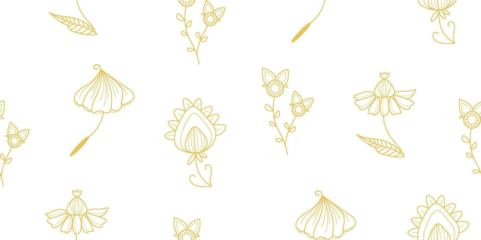 Vektor Muster von verschiedene Typen von Gliederung Blumen und Formen. Vektor Blumen- Muster. Design zum Hintergrund, Verpackung Papier, Hintergrund, Stoff. Vektor Gold Gliederung nahtlos Muster