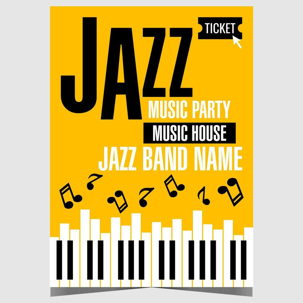 Jazz Musik- Party Einladung mit Klavier Schlüssel und Musical Anmerkungen auf Gelb Hintergrund. Vektor Poster oder Banner geeignet zum Jazz Musik- Festival, Leben Konzert oder Show und andere kulturell Musik- Veranstaltungen.