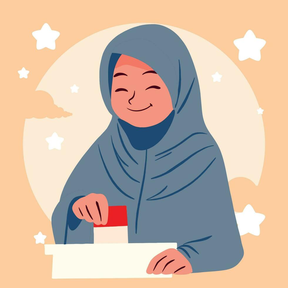 Vektor Illustration von ein jung Muslim Mädchen stolz teilnehmen wie ein Wähler im das Wahl Prozess
