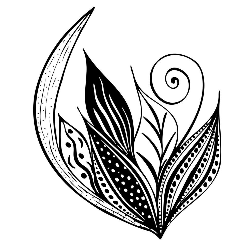 abstrakt Vektor Blume mit Blätter im schwarz Linie im Gekritzel Stil