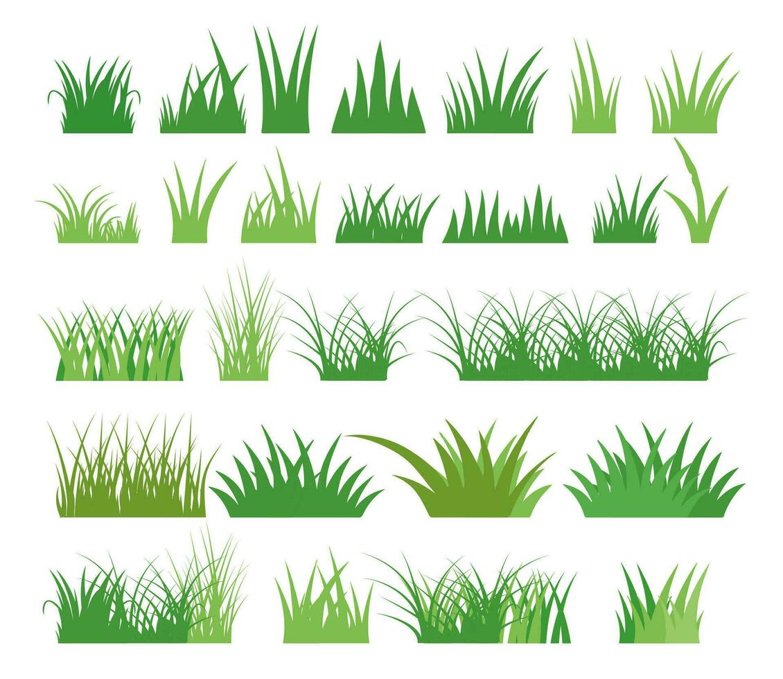 einstellen von Grün Gras Illustration Vektor auf Weiß Hintergrund. Gras Clip Kunst isoliert Vektor Element Satz. horizontal Panorama Gras Illustration Satz.