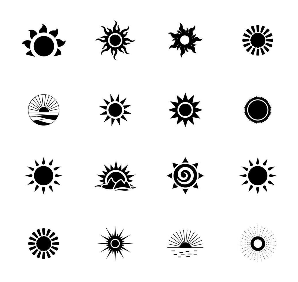 Sonne Vektor Illustration Clip Kunst groß Sammlung, kostenlos Sonne Design. Sonne Element isoliert Satz. Sonnenlicht, Sonne Licht Form, Hitze abstrakt Abzeichen.
