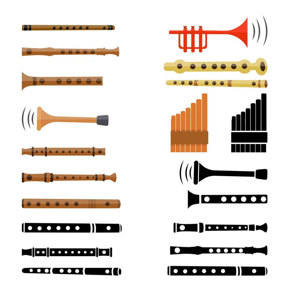 Flöte Instrument Vektor Illustration groß Clip Kunst Sammlung. Flöte Instrument Musik- Elemente, Flöte Musical Klang System. Flöte Instrument isoliert Kunst Karikatur Silhouette, Flöte abspielen Vektor Satz.