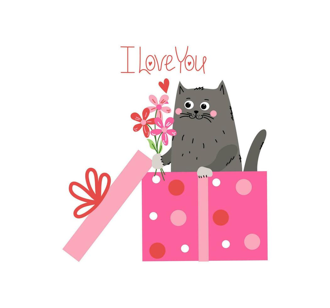rolig tecknad serie kattunge med blommor i en gåva låda. hjärtans dag, födelsedag. katt med en bukett och hjärtan. hälsning kort med de inskrift jag kärlek du. klotter stil teckning, söt djur. vektor
