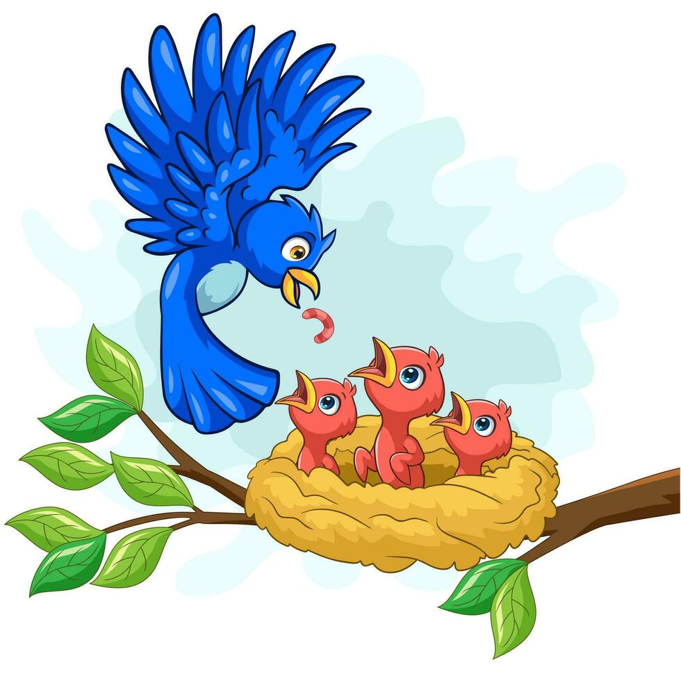 Mutter blauer Vogel, der Babys in einem Nest füttert vektor