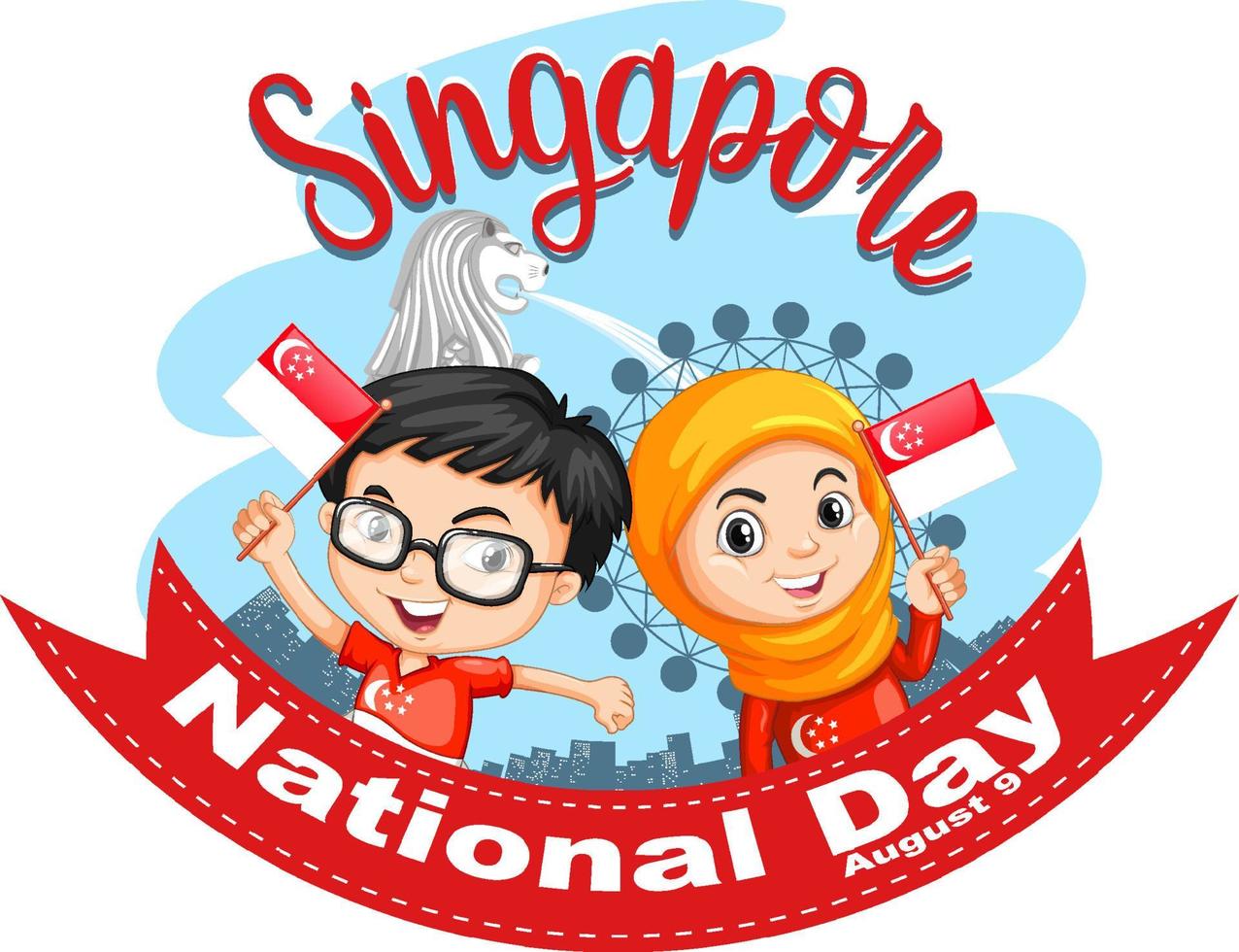singapore nationaldag med barn håller singapore flagga seriefigur vektor