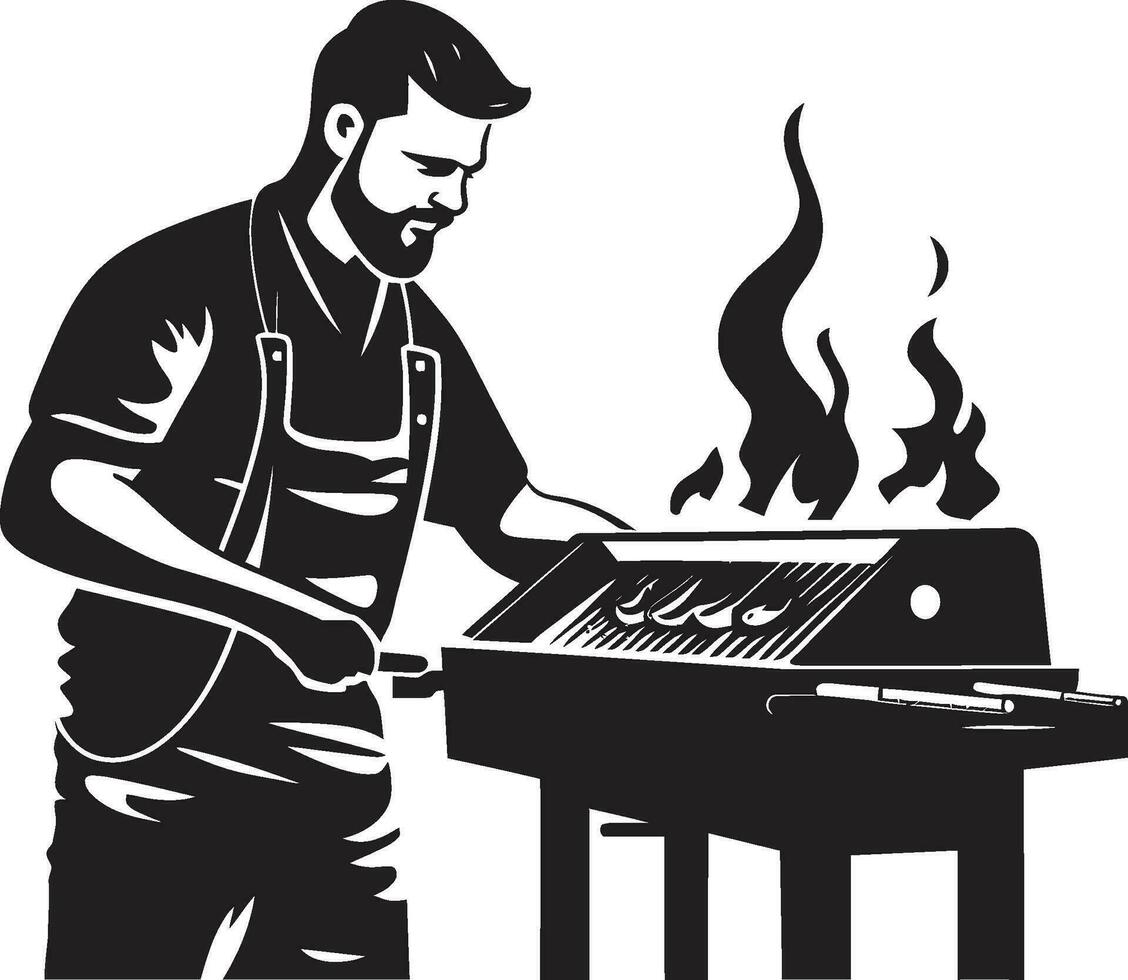 brutzeln und Rauch schwarz Vektor Grill Logo Flammenkunst Mann Grill Symbol im Vektor