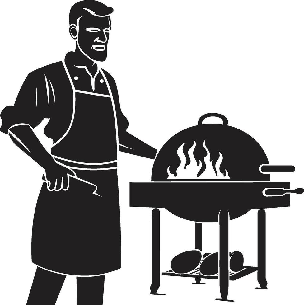 brutzelnd Schlaganfälle Mann Grillen Vektor Logo Flammenkunst schwarz Vektor Grill Symbol Design