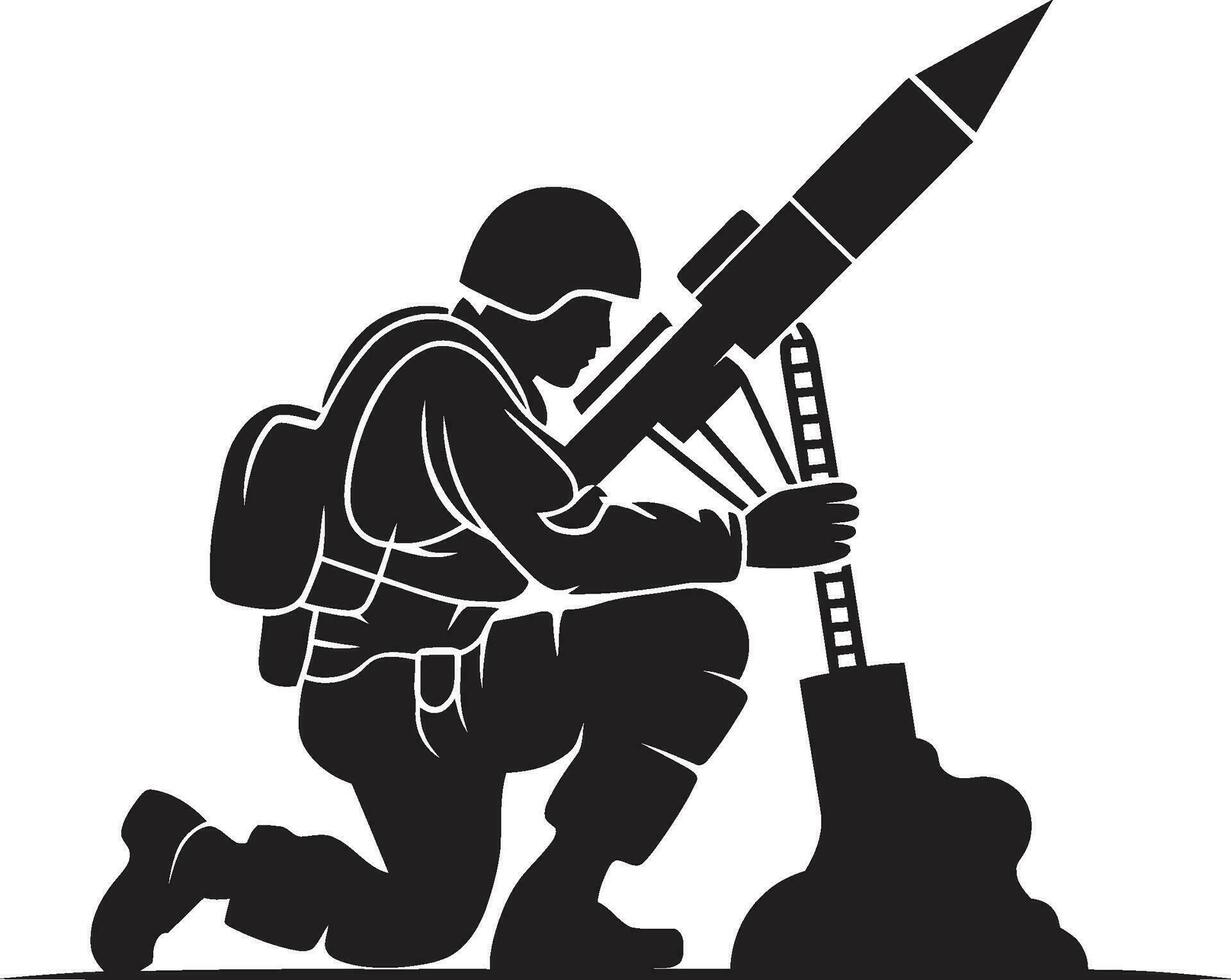 Kampf Arsenal schwarz Vektor Soldat und Rakete strategisch Kampftruppe Rakete schwingen Soldat Logo