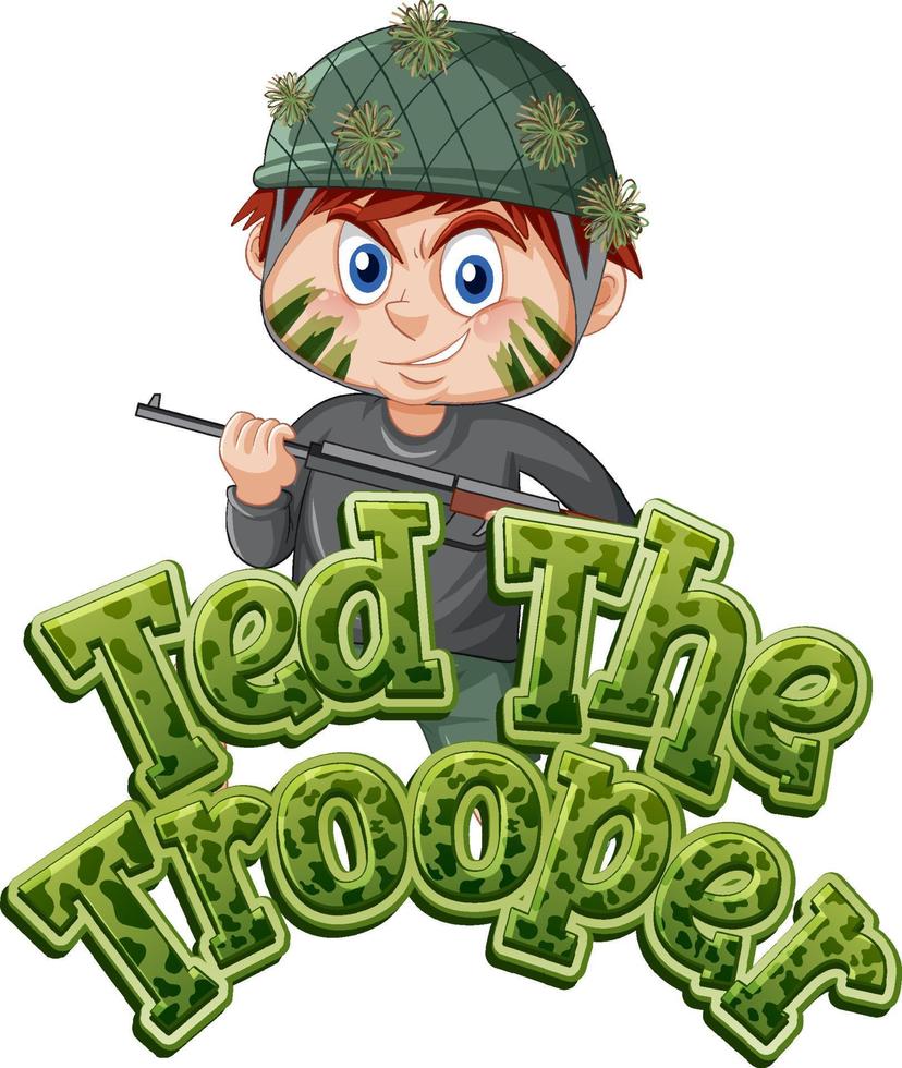 Ted das Trooper-Logo-Textdesign mit einem Jungen, der ein Gewehr hält vektor