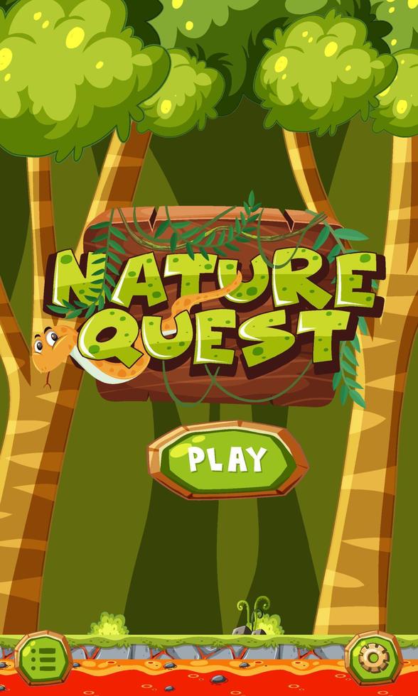 spelmall med nature quest -logotyp och spelknapp vektor