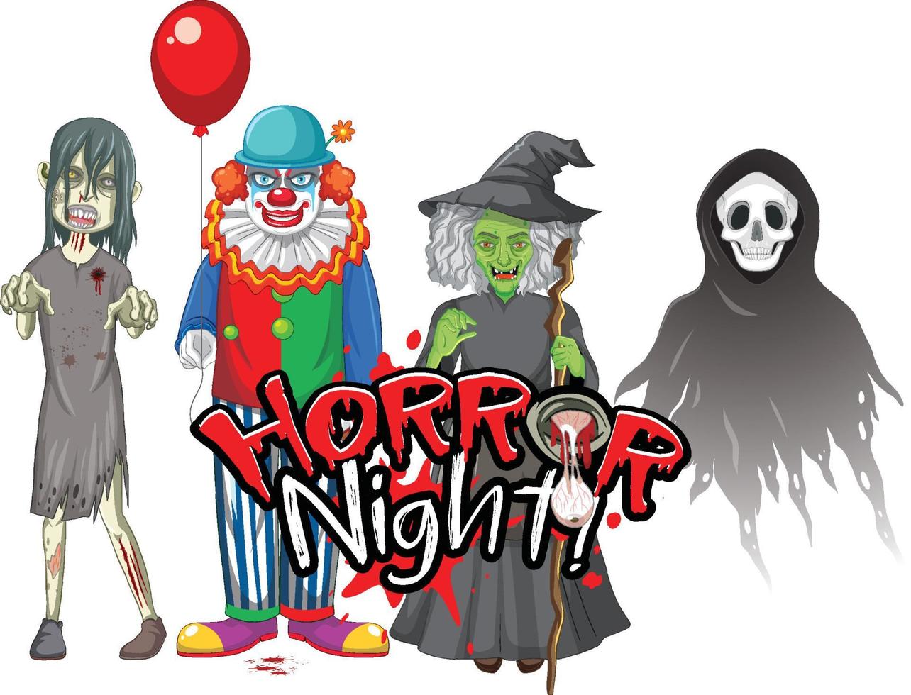 Horror-Nacht-Textdesign mit Halloween-Geisterfiguren vektor