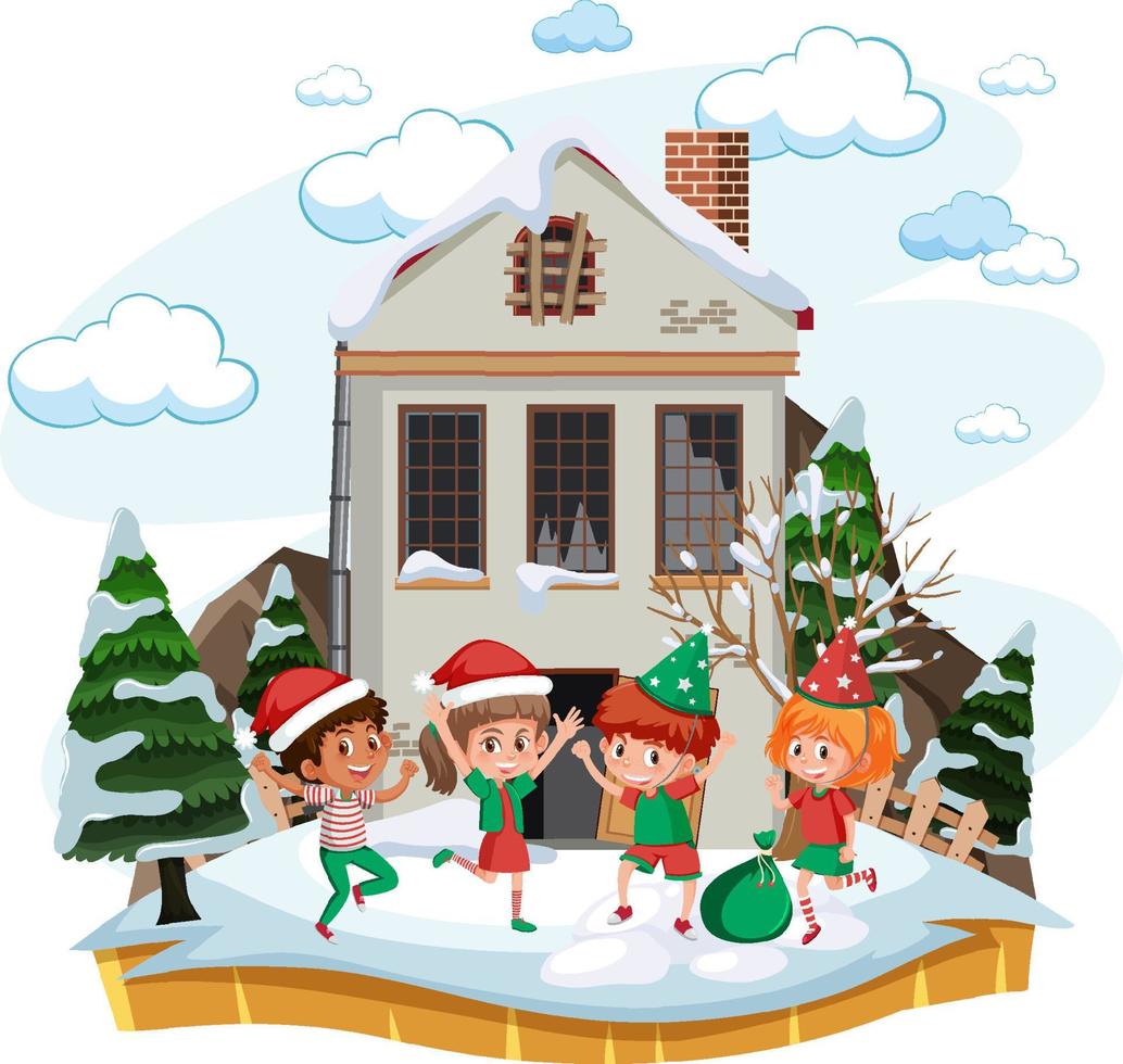 Kinder feiern Weihnachten vor altem Haus vektor