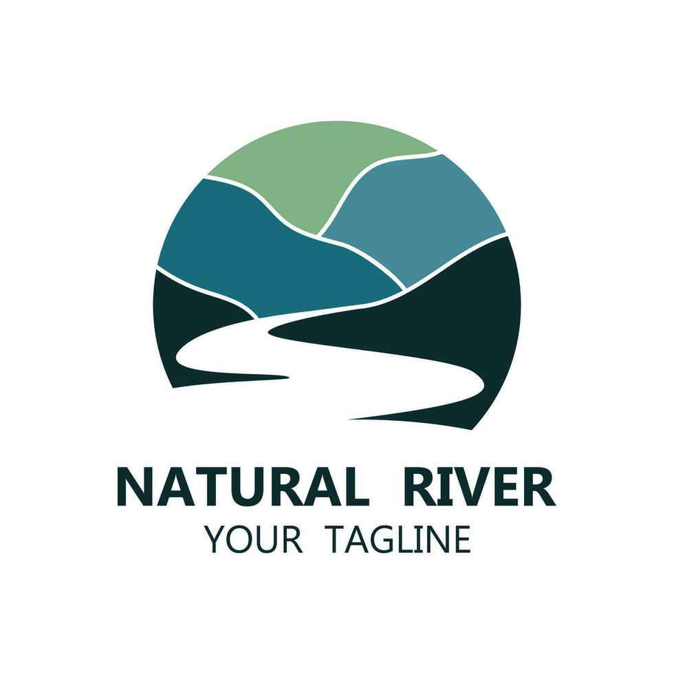 Fluss Logo mit Kombination von Berge und Ackerland mit Vektor Konzept Design. Logo zum viele nett von Geschäft, Reise Agentur und Natur Fotograf