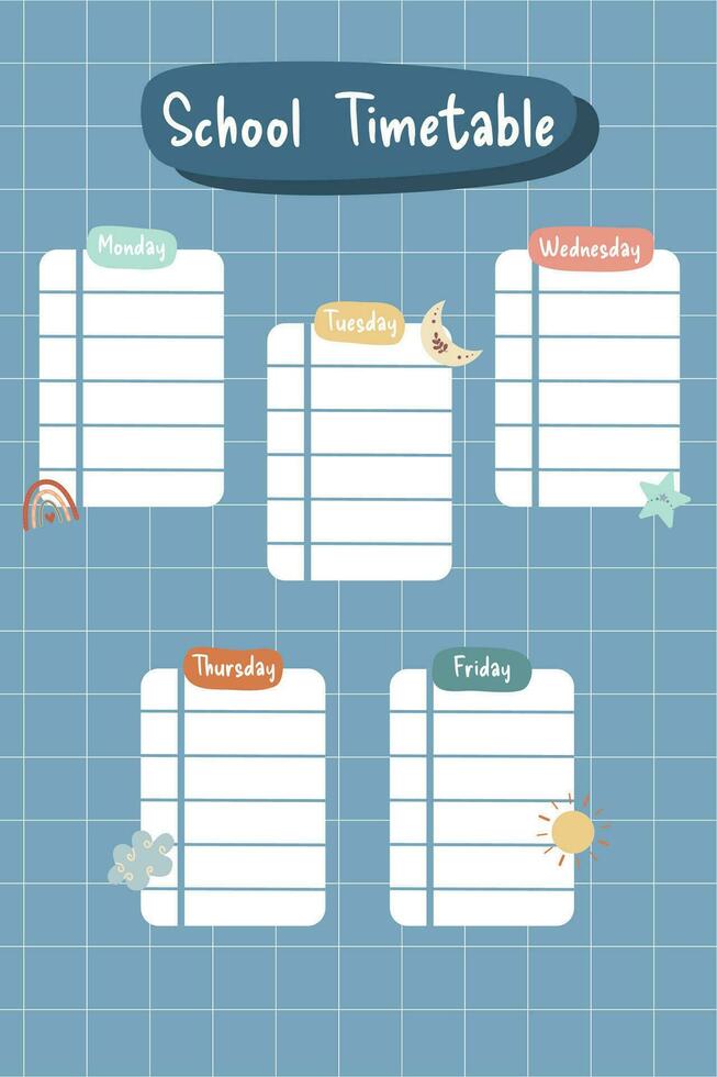 Schule Zeitplan Vorlage mit Kalender und Symbole Planer vektor