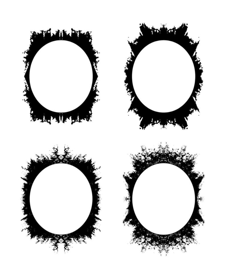 fyra svart och vit grunge cirkulär ramar med annorlunda mönster, cirkel bakgrund avtryck bläck färga cirkel klotter stencil grunge vektor mönster bläck uppsättning