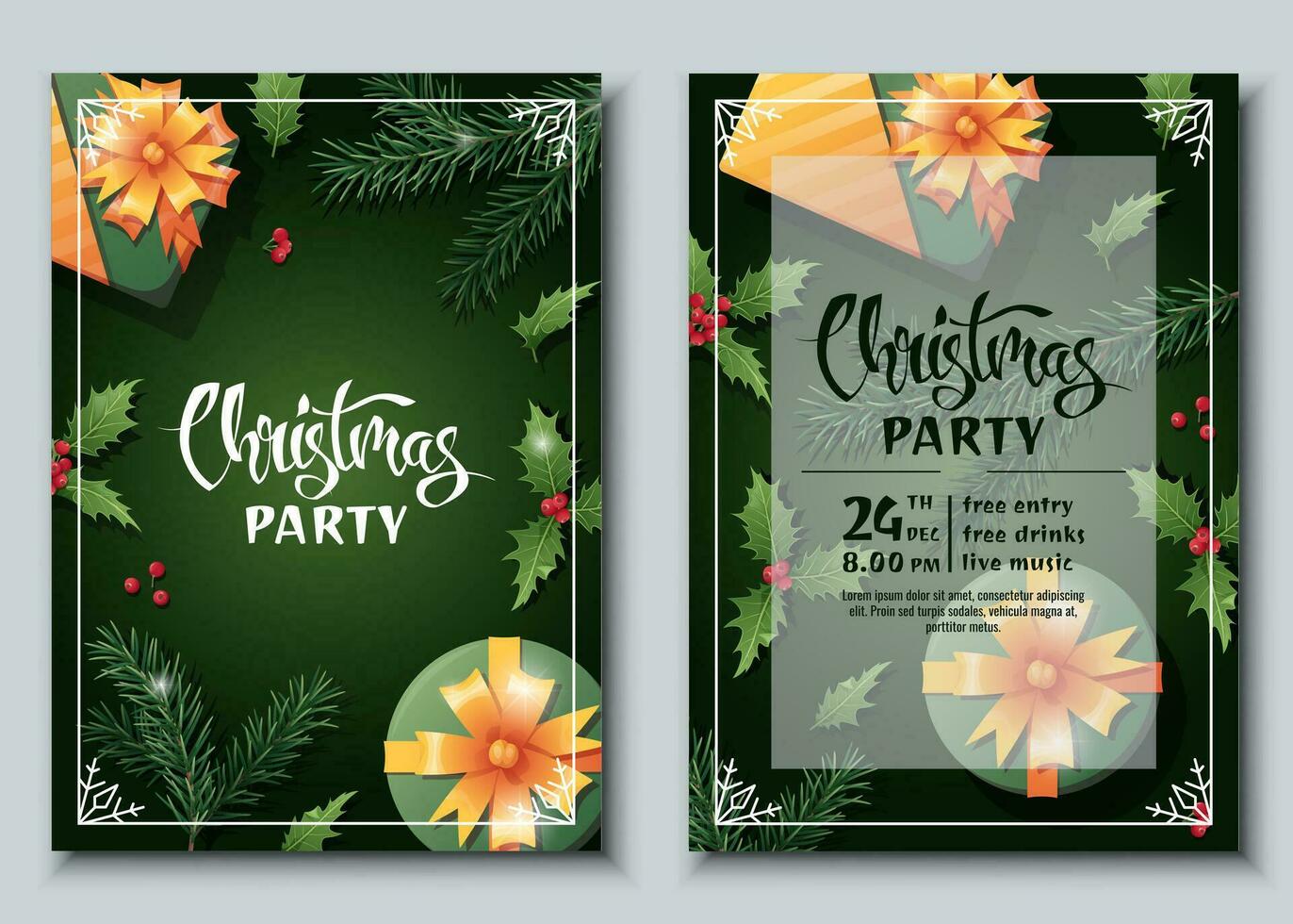 einstellen von festlich Weihnachten Party Einladung Vorlagen. Flyer, Poster mit Geschenk Kasten, Tanne Ast und Stechpalme. fröhlich Weihnachten und glücklich Neu Jahr vektor