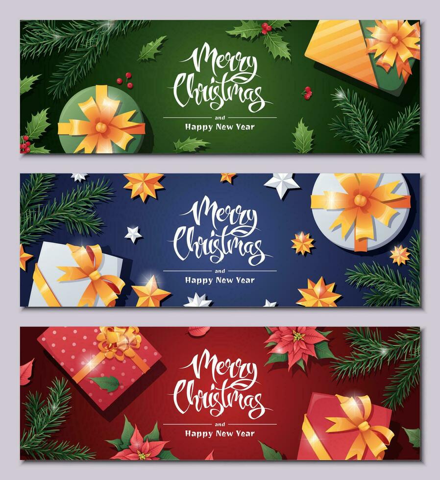 einstellen von horizontal Banner mit Weihnachten Grüße. Flyer, Poster mit Geschenk Kasten, Tanne Zweig, Sterne, Stechpalme, Weihnachtsstern. fröhlich Weihnachten und glücklich Neu Jahr. vektor